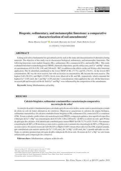 Capa do artigo científico: Calcário Biogênico, Sedimentar E Metamórfico: Uma Caracterização Comparativa De Corretivos De Solo - Lithothamnium.org