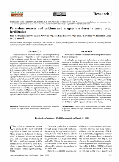 Capa do artigo científico: Fontes De Potássio E Doses De Cálcio E Magnésio Na Cultura Da Cenoura - Lithothamnium.org