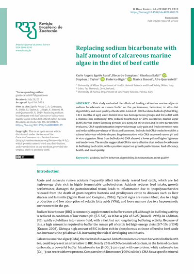 Capa do artigo científico: Substituição Do Bicarbonato De Sódio Pela Metade De Algas Marinhas Calcárias Na Dieta De Bovinos De Corte - Lithothamnium.org