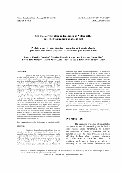 Capa do artigo científico: Uso De Algas Calcárias E Monensina Em Bovinos Nelore Submetidos A Mudança Abrupta Na Dieta - Lithothamnium.org