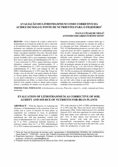 Capa do artigo científico: Avaliacao Do Lithothamnium Como Corretivo Da Acidez Do Solo E Fonte De Nutrientes Para O Feijoeiro - Lithothamnium.org