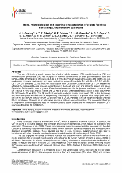 Capa do artigo científico: Características Microbiológicas Ósseas E Intestinais De Leitões Alimentados Com Dietas Contendo Lithothamnium Ca - Lithothamnium.org
