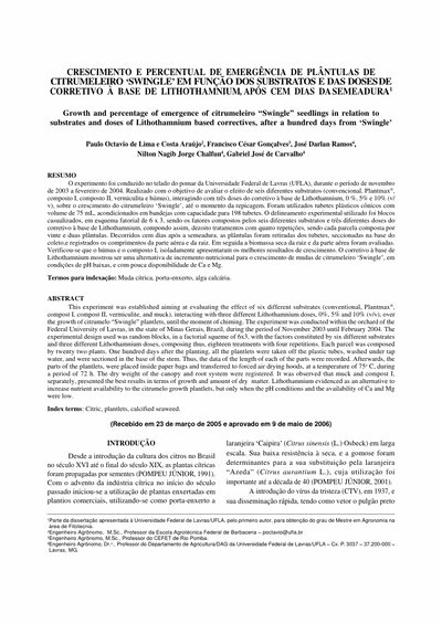 Capa do artigo científico: Crescimento E Percentual De Emergencia De Plantulas De Citrumeleiro Swingle Em Funcao Dos Substratos - Lithothamnium.org
