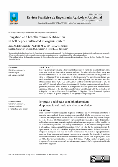 Capa do artigo científico: Irrigação E Adubação Com Litotâmnio Em Pimentão Cultivado Em Sistema Orgânico - Lithothamnium.org