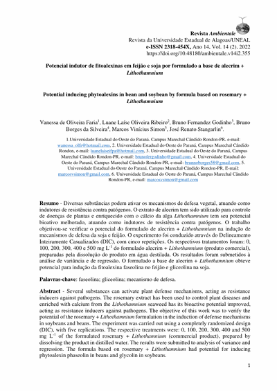 Capa do artigo científico: Potencial Indutor De Fitoalexinas Em Feijao E Soja Por Formulado A Base De Alecrim Lithothamnium - Lithothamnium.org