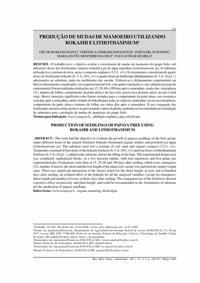 Capa do artigo científico: Producao De Mudas De Mamoeiro Utilizando Bokashi E Lithothamnium - Lithothamnium.org