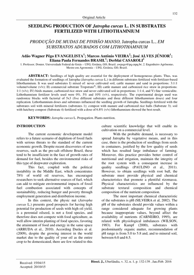 Capa do artigo científico: Produção De Mudas De Pinhão-manso Em Substratos Adubados Com Lithothamnium - Lithothamnium.org