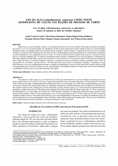 Capa do artigo científico: Uso Da Alga Lithothamnium Calcareum Como Fonte Alternativa De Calcio Nas Racoes De Frangos De Corte - Lithothamnium.org